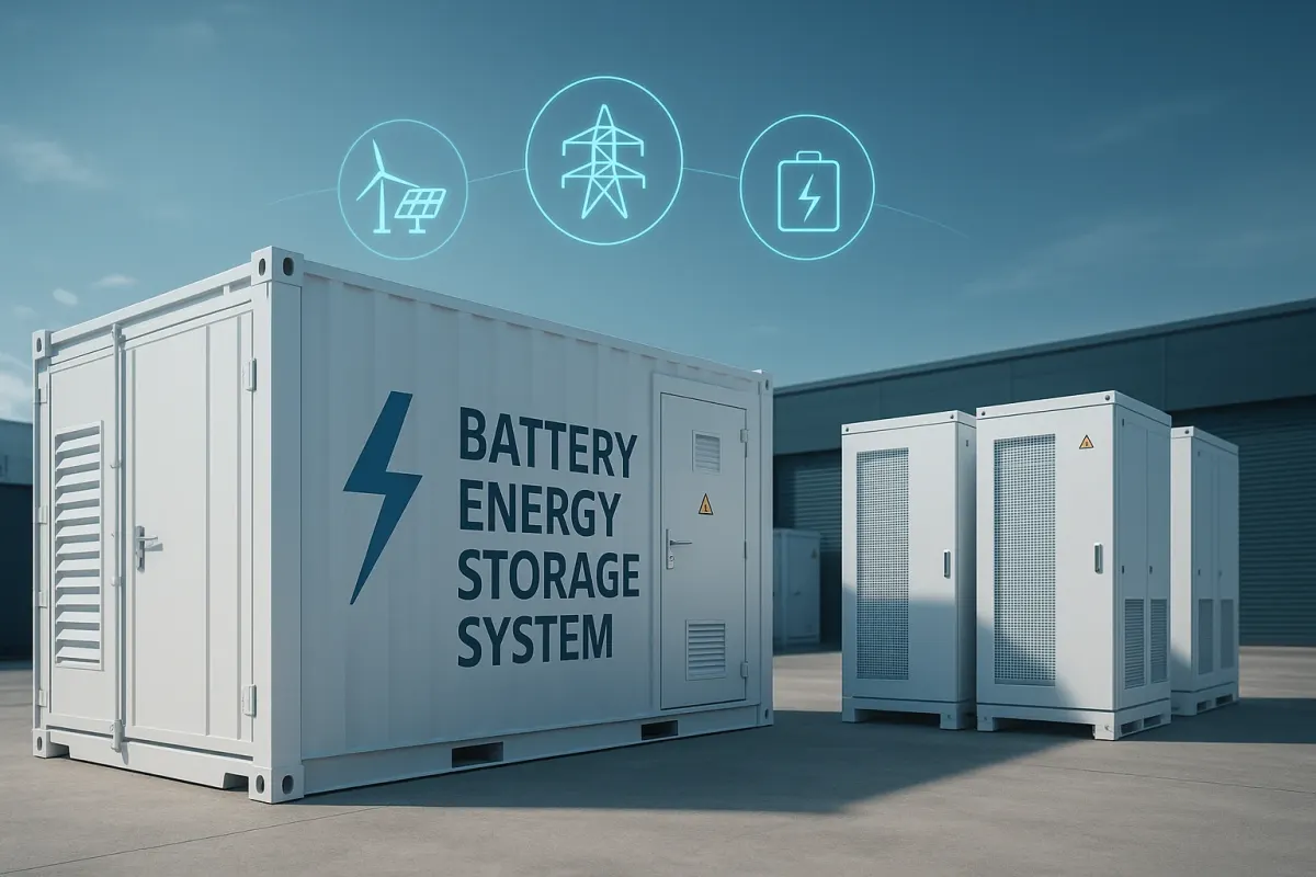 Containerised battery energy storage system beside battery storage cabinets